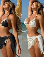 Swimwear Bikini Three Piece Skirt Swimsuit Slim Backless Vacation Beach Wear Color V Neck Sleeveless Bathing Suits