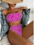 Swimwear Bikini 2 Piece Briefs Swimsuit Slim Backless Vacation Beach Wear Stripe Strapless Sleeveless Bathing Suits