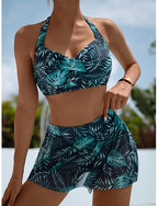 Swimwear Bikini 2 Piece Skirt Swimsuit Slim Backless Vacation Beach Wear Tropical Halter Neck Sleeveless Bathing Suits