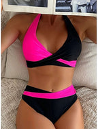 Swimwear Bikini 2 Piece High Waist Swimsuit Ruched Backless Vacation Beach Wear Leopard Color Block Halter Neck Sleeveless Bathing Suits