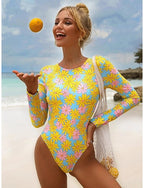 One Piece Swimsuit Hollow-out Bodysuit Bathing Suit Swimwear Orange Uv Sun Protection Breathable Quick Dry Long Sleeve - Swimming Surfing Beach Autumn / Fall Spring / Summer / Spandex