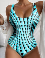 One Piece Swimsuit Slimming Monokini Backless Tummy Control High Waist Slim Vacation Beach Wear Geometric U Neck Sleeveless Bathing Suits