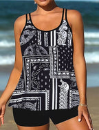 Swimwear 2 Piece Shorts Swimsuit Backless Vacation Beach Wear Graphic Round Neck Sleeveless Bathing Suits