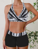 Swimwear 2 Piece Shorts Swimsuit Backless Vacation Beach Wear Geometic V Neck Sleeveless Bathing Suits
