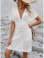 Cover Up Swimsuit Dress Cut Out Vacation Beach Wear Color V Neck Short Sleeves Bathing Suits