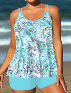 Swimwear 2 Piece Shorts Swimsuit Backless Vacation Beach Wear Graphic Round Neck Sleeveless Bathing Suits
