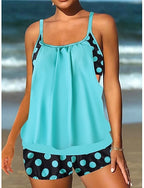 Tankini 2 Piece Swimsuit Shorts Tummy Control High Waist Slim Backless Vacation Beach Wear Polka Dot U Neck Sleeveless Bathing Suits