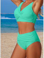 Swimwear Bikini 2 Piece Swimsuit Ruched Backless Vacation Beach Wear Plain V Neck Sleeveless Bathing Suits