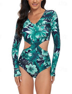 Rash Guard One Piece Swimsuit Printed Cut Out Uv Sun Protection Quick Dry Lightweight Long Sleeve Bodysuit Bathing Suit Surfing Beach Water Sports Summer