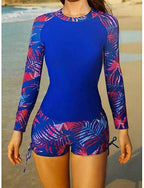 Tankini 2 Piece Swimsuit Ruched Palm Shorts Tummy Control High Waist Slim Backless Vacation Beach Wear Leaves Round Neck Long Sleeve Bathing Suits