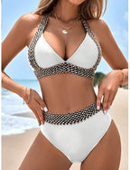 Bikini 2 Piece Swimsuit Colorblock Briefs Slim Backless Vacation Beach Wear Color Halter Neck Sleeveless Bathing Suits