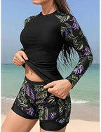 Tankini 2 Piece Swimsuit Palm High Waist Tummy Control High Waist Slim Vacation Beach Wear Leaves Round Neck Long Sleeve Bathing Suits