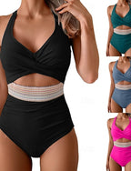 One Piece Swimsuit Cutout Monokini High Waist Tummy Control High Waist Slim Backless Vacation Beach Wear Color Halter Neck Sleeveless Bathing Suits