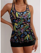 Tankini 2 Piece Swimsuit High Waist Backless Vacation Beach Wear Graphic U Neck Sleeveless Bathing Suits