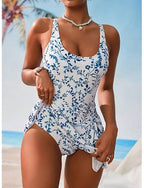 One Piece Swimsuit Monokini Skirt Tummy Control High Waist Slim Backless Vacation Graphic U Neck Sleeveless Bathing Suits