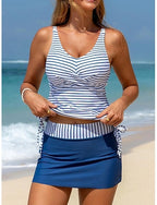 Swimwear Tankini 2 Piece Skirt Swimsuit Tummy Control High Waist Slim Backless Vacation Beach Wear Striped V Neck Sleeveless Bathing Suits
