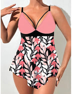 Tankini 2 Piece Swimsuit Cheeky Tummy Control High Waist Slim Backless Vacation Beach Wear Graphic Color Block V Neck Sleeveless Bathing Suits