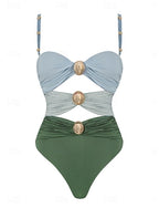 One Piece Swimsuit Ruched Cutout Underwire Monokini Tummy Control High Waist Slim Backless Vacation Beach Wear Color Block V Neck Sleeveless Bathing Suits
