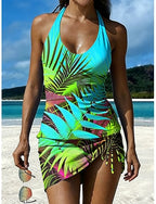 Swimwear Tankini Skirt Swimsuit Drawstring Knit Vacation Graphic U Neck Sleeveless Bathing Suits