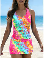 Swimwear Tankini 2 Piece Skirt Swimsuit Ruched Vacation Beach Wear Graphic U Neck Sleeveless Bathing Suits