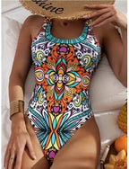 One Piece Swimsuit Slimming Monokini Tummy Control High Waist Slim Backless Vacation Graphic Geometic U Neck Sleeveless Bathing Suits