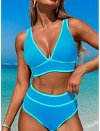 Bikini 2 Piece Swimsuit Colorblock Cheeky Tummy Control High Waist Slim Backless Vacation Beach Wear Stripe V Neck Sleeveless Bathing Suits