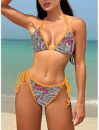 Bikini 2 Piece Swimsuit Leopard Thong Slim Backless Vacation Beach Wear Paisley Halter Neck Sleeveless Bathing Suits