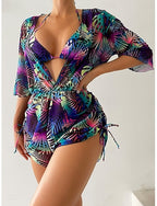 Bikini 3 Piece Swimsuit Palm Cheeky Slim Backless Vacation Beach Wear Color Block V Neck Sleeveless Long Sleeve Bathing Suits