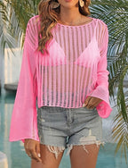 Swimwear Cover Up Swimsuit Cut Out Vacation Beach Wear Color Round Neck Long Sleeve Bathing Suits