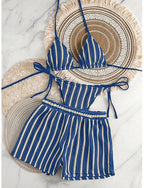 Bikini 2 Piece Swimsuit Thong Slim Backless Vacation Beach Wear Striped Halter Neck Sleeveless Bathing Suits