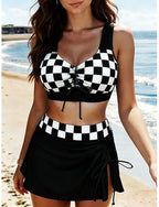 Swimwear Bikini 2 Piece Skirt Swimsuit Tummy Control High Waist Slim Backless Vacation Graphic Plaid Scoop Neck Sleeveless Bathing Suits