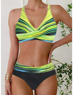 Swimwear Bikini 2 Piece Cheeky Swimsuit Backless Slim Vacation Beach Wear Color Block V Neck Sleeveless Bathing Suits