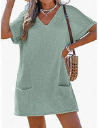 Swimwear Cover Up Swim Dress Dress Swimsuit Patchwork Pocket Vacation Beach Wear Plain V Neck Short Sleeves Bathing Suits