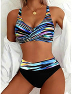 Bikini 2 Piece Swimsuit High Waist Vacation Graphic Striped V Neck Sleeveless Bathing Suits