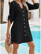 Mini Dress White Dress Beach Dress Black Dress Cover Up Classic Daily Outdoor Beach Regular Fit Plain Long Sleeve V Neck Black White Rose Red Summer Spring