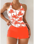Tankini 2 Piece Swimsuit Palm Boy Leg Tummy Control High Waist Slim Backless Vacation Beach Wear Graphic U Neck Sleeveless Bathing Suits