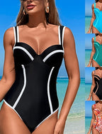 One Piece Swimsuit Deep V Swimwear Patchwork Swimwear Blue Sky Blue Quick Dry Lightweight Breathable Sleeveless - Swimming Surfing Beach Summer Spring