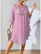 Cover Up Swimsuit Dress Lace Patchwork Fringe Vacation Beach Wear Color Round Neck Long Sleeve Bathing Suits