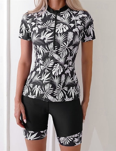 Rash Guard Swimsuit Patchwork Tropical Printed 2 Piece Front Zip Uv Sun Protection Quick Dry Breathable Long Sleeve Swimwear Swimsuit Surfing Water Sports Swimming Summer