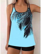Tankini 2 Piece Swimsuit Palm Boy Leg Tummy Control High Waist Slim Backless Vacation Beach Wear Leaves U Neck Sleeveless Bathing Suits