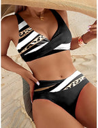 Swimwear Bikini Cheeky Swimsuit Vacation Graphic Striped V Neck Sleeveless Bathing Suits