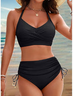 Bikini 2 Piece Swimsuit Ruched Cheeky Tummy Control High Waist Slim Backless Vacation Beach Wear Color V Neck Sleeveless Bathing Suits