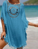Swimwear Cover Up Swim Dress Swimsuit Crochet Vacation Beach Wear Color Round Neck Short Sleeves Bathing Suits