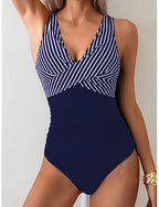 Swimwear One Piece Monokini Swimsuit Ruched Tummy Control High Waist Slim Backless Vacation Beach Wear Stripe V Neck Sleeveless Bathing Suits