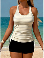 Swimwear Tankini 2 Piece High Waist Swimsuit Tummy Control High Waist Slim Backless Vacation Beach Wear Striped U Neck Sleeveless Bathing Suits