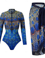 One Piece Swimsuit Slimming With Skirt Monokini Skirt Tummy Control High Waist Slim Backless Vacation Beach Wear Graphic Color Block Round Neck Long Sleeve Bathing Suits