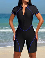 Standard Rash Guard One Pieces Rash Guards Bathing Suit Color-blocking Zip Up Uv Protection Elastic Short Sleeve Swimwear Bodysuit Surfing Diving Swimming Summer