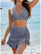 Swimwear Bikini 2 Piece Skirt Swimsuit Slim Backless Vacation Beach Wear Plaid Stripe V Neck Sleeveless Bathing Suits