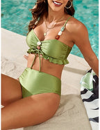 Bikini 2 Piece Swimsuit Briefs Slim Backless Vacation Beach Wear Color V Neck Sleeveless Bathing Suits