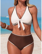 Swimwear One Piece Monokini High Waist Swimsuit Tummy Control High Waist Slim Backless Vacation Beach Wear Color V Neck Sleeveless Bathing Suits